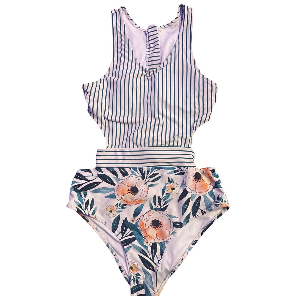 CUPSHE One Piece Swimsuit Floral Striped Back Cutout Front Zip Tie Back Medium